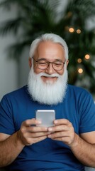 Wall Mural - Smiling man sits on couch in bright living room, engaged with his smartphone, surrounded by a stylish and modern interior design