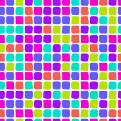 Poster - Grid Tile Mosaic Seamless pattern. Hand drawn squares in neon vibrant colors. Playful Background for retro design. Perfect for greeting cards, posters, wrapping paper, scrapbook, cover, wallpaper