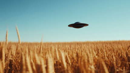 ufo over wheat field against blue sky. rural science fiction scene