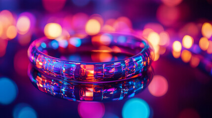 Poster - Colorful translucent bangle on reflective surface with vibrant light bokeh in background at night