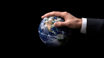 Poster - A hand interacts with a hologram displaying a global network and financial data, illustrating advanced technology in business