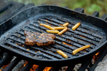 Dirty Grill Pan: Greasy Cooking Surface After Preparing Beefsteaks