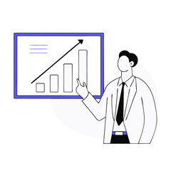Poster - A businessman in formal attire stands confidently, pointing at an upward-trending growth chart. This vector illustration symbolizes achievement and progress within a corporate context