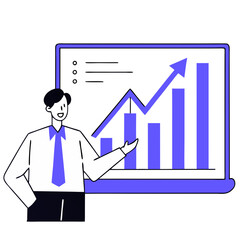 Poster - A businessman confidently points to a graph showcasing significant growth. The design features a clean layout with geometric shapes and a professional color scheme