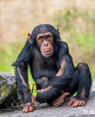 Wall Mural - Young Chimpanzee Sitting on a Rock