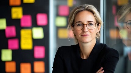 Poster - Empowered woman in modern office, smiling confidently with notes on board