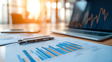 Poster - Data analysis and business growth charts displayed on desk with laptop, showcasing financial trends and statistics in professional workspace