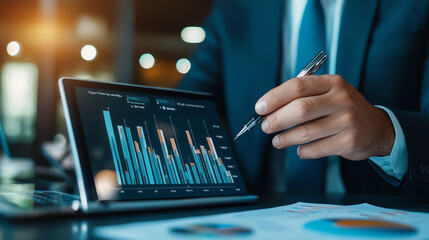 Poster - business man analyzing data on tablet in office setting, showcasing graphs and charts. atmosphere is