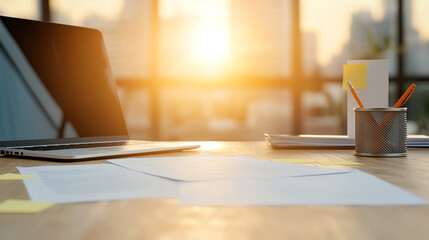 Poster - modern office workspace with laptop, documents, and stationery, illuminated by warm sunlight. scene conveys productive and creative atmosphere