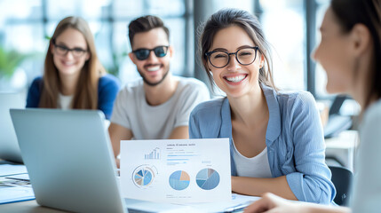 Poster - Happy business people collaborating with laptop and charts in meeting