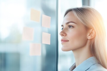 portrait of person standing in front of mirror writing motivational affirmations on sticky note