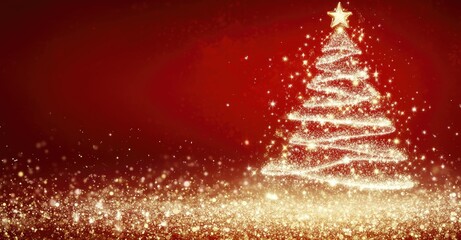 Wall Mural - shimmering christmas tree with golden sparkles and a glowing star on a red background, radiating fes