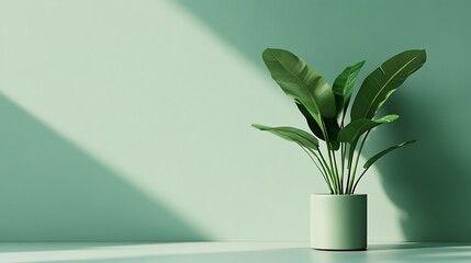 Canvas Print - Green plant in a light green pot against a pastel green wall with sunlight.