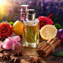 Wall Mural - Fragrance, essence floral, glass spray bottle, Peruvian Florida Water, surrounded by flowers of bergamot, clove, cinnamon, lavender, lemon, neroli, orange blossom and roses, nature, holistic