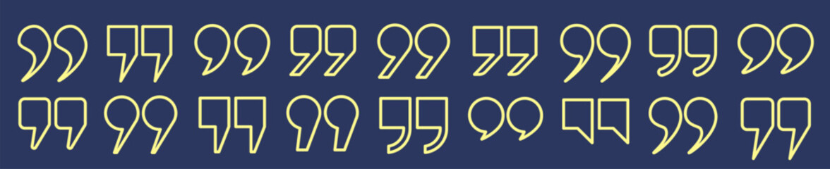 Poster - A set of yellow quotation mark outlines. A collection of yellow characters, quotation marks of different shapes on a blue background. The comma symbol. Vector EPS 10.