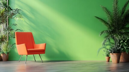 Canvas Print - Orange armchair in a room with green wall and potted plants.