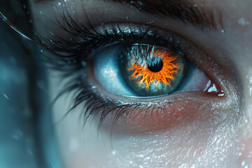 Poster - close-up of a striking eye with vibrant orange flame-like iris, showcasing intricate details and ref