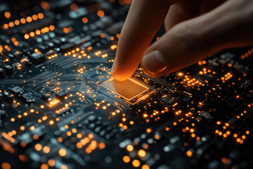 Poster - Close-up of a hand interacting with a glowing microchip on a circuit board at a tech workspace in the evening