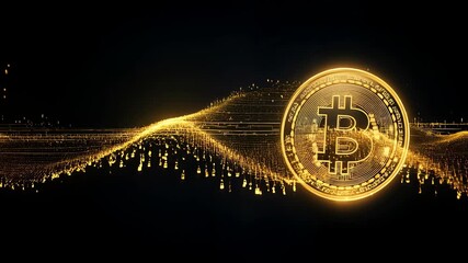 Poster - Cryptocurrency blockchain technology visualized through golden particles flowing, illuminating digital finance landscape with bitcoin digital asset dynamic representation