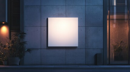 Wall Mural - Minimalistic White Square Poster on Contemporary Concrete Building at Night: Soft Warm Lighting, Glass Reflections, and Urban Plant Details in a Crisp Mockup.