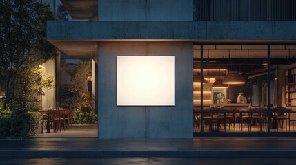 Wall Mural - Modern architectural mockup: Blank white poster on sleek concrete facade at night, illuminated by warm restaurant light. Minimal design and honed details showcase elegance.