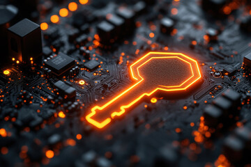 Poster - Bright orange key symbol on a dark computer circuit board background with glowing connections