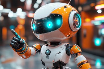 Poster - Friendly robot with glowing blue eyes and orange accents giving a thumbs-up in a futuristic indoor environment