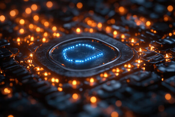 Poster - Glowing microchip with vibrant lights reflecting on a circuit board at night