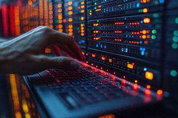 Poster - Technician working on a server setup with illuminated components in a data center during evening hours