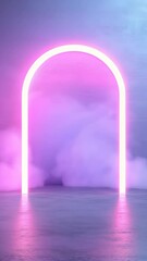 Poster - Neon arch glowing with purple smoke in empty room creates a mystical and futuristic atmosphere