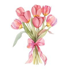 Canvas Print - Pastel coquette burgundy tulips bouquet art illustration watercolor.