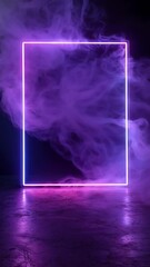 Poster - Neon vertical  rectangular frame shifting colors with smoke on a dark background, creating a mysterious and captivating atmosphere