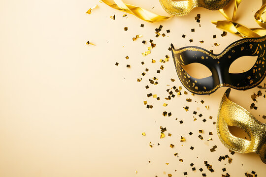 carnival party background with gold confetti and masks on a beige tabletop, copy space concept