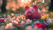 © S.Jirut - Surreal Pink Piggy Bank Among Cherry Blossoms and Lush Spring Foliage, Glossy Surface Reflecting Soft Sunlight in a Dreamy, Enchanting Banner-Like Scene