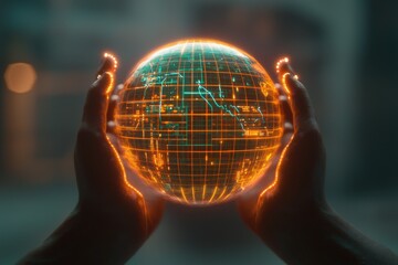 Poster - A pair of hands holding a glowing digital globe, representing global connectivity and technological advancement, soft background, innovation metaphor.