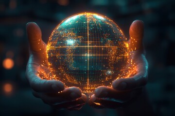 Poster - Hands holding a glowing digital Earth, symbolizing technology's power to connect the world, set against a blurred, dark background, concept of global network.