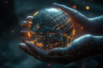 Poster - A futuristic rendering of two hands holding a glowing digital globe, symbolizing global connectivity and technological advancement in a dark abstract setting.