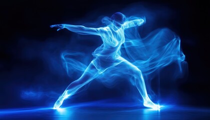 Aufkleber - Graceful Movements And Stunning Body Art: Modern Dance Performance With Neon Blue Light And Long Exposure Motion Blur.