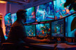 © Lazy_Bear - Game developer wearing headphones works on 3D character design in studio with multiple monitors. Concept of gaming, creativity and digital art