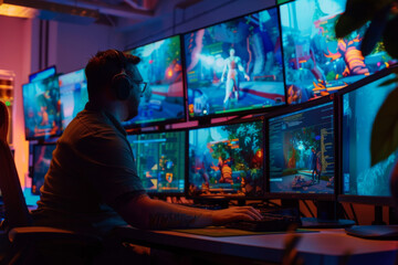 Fototapete - Game developer wearing headphones works on 3D character design in studio with multiple monitors. Concept of gaming, creativity and digital art