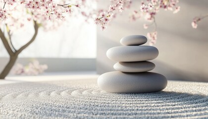 Poster - Japanese Zen Garden: Stone Balance On Natural Light And Cherry Blossoms With White Background. Ideal For Branding And Product Presentations. High-Quality Render.
