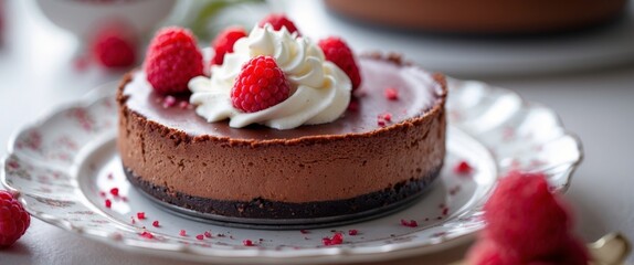 Wall Mural - Close up of indulgent chocolate cheesecake topped with fudge creamy whipped cream and fresh raspberries.