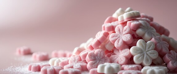 Wall Mural - Heap of flower shaped pink and white candies covered in icing sugar on pink background.