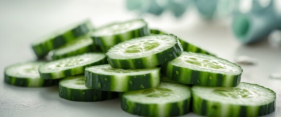 Wall Mural - Refreshing Cucumber Slices Close up Image for Healthy Food and Drink Concepts