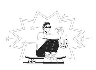 Poster - headphones retro skater eating lollipop with cd player black and white 2d illustration concept. 90s 