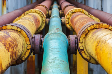 Aufkleber - Colorful old gas pipes with rust in urban setting. Generative AI