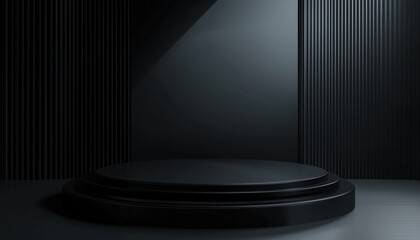 Poster - Modern Black Pedestal With Geometric Shapes And Two-Tiered Platform For Product Presentation, Stand, Promotion, Sale Rendering