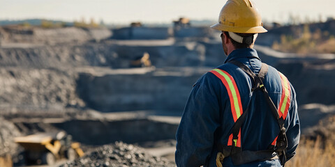Poster - Worker observes construction site in protective gear. Generative AI