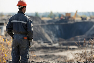 Aufkleber - Worker in overalls and hard hat observing construction site. Generative AI