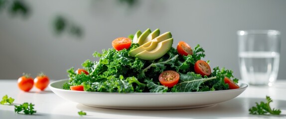 Wall Mural - Fresh kale salad with cherry tomatoes and avocado on a bright table with water glass in background